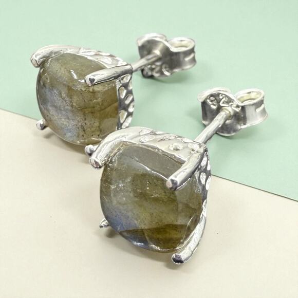 Natural Labradorite Cabochon Stud Earrings 925 Sterling Silver Handmade - Picture 1 of 5